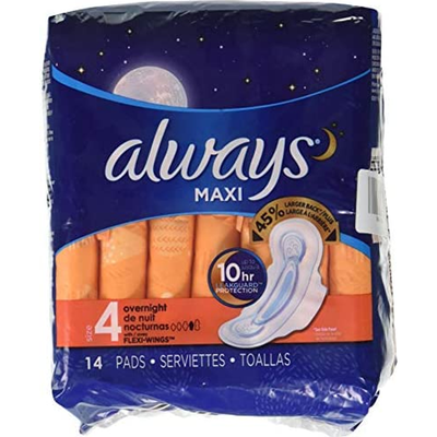 Always Maxi Size 4 Overnight Pads With Wings 14ct Pack