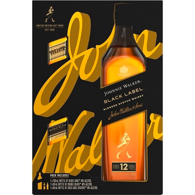 Johnnie Walker Black Label Blended Scotch Whisky Gift Pack, Includes one 750mL Johnnie Walker Black Label, one 50mL Johnnie Walker Gold Label Reserve, one 50mL Johnnie Walker Double Black Label 750ml Bottle