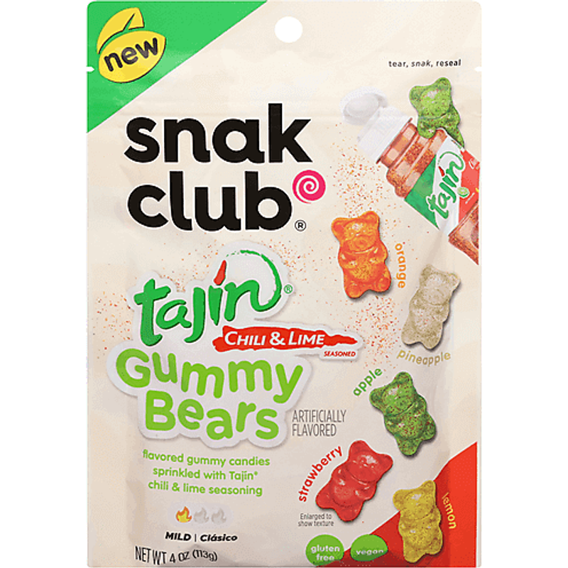 Snak Club Gummy Bears, Tajin Chili & Lime Seasoned, Assorted, Mild 4oz Bag