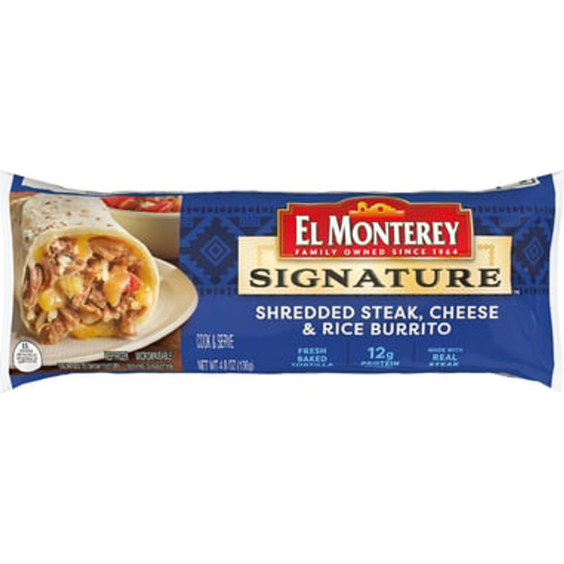 El Monterey Signature Shredded Steak, Cheese & Rice Burrito 4.8oz Piece