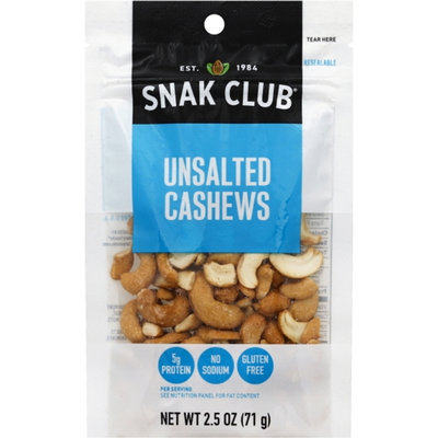 Snak Club Unsalted Cashews 3oz Bag